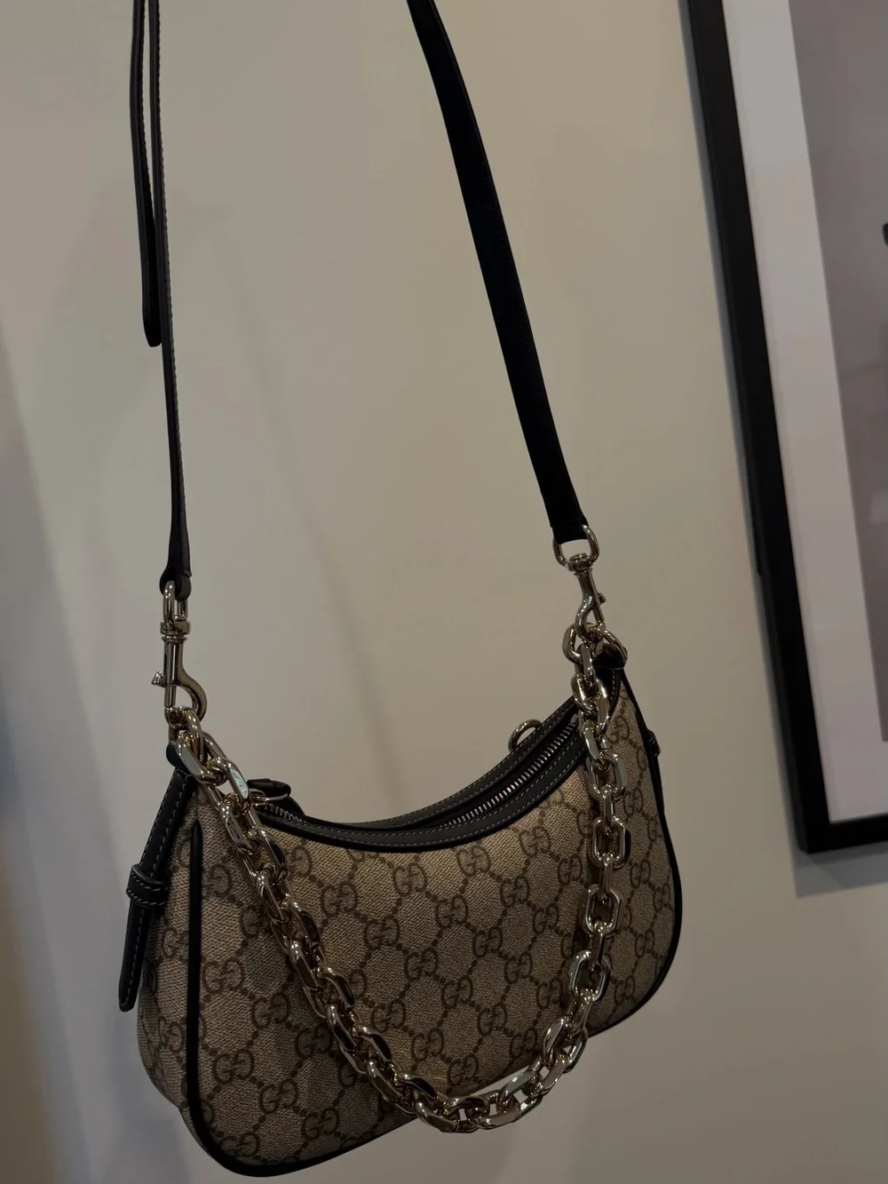 Gucci Beige GG Canvas Shoulder Bag with Gold Chain Trim